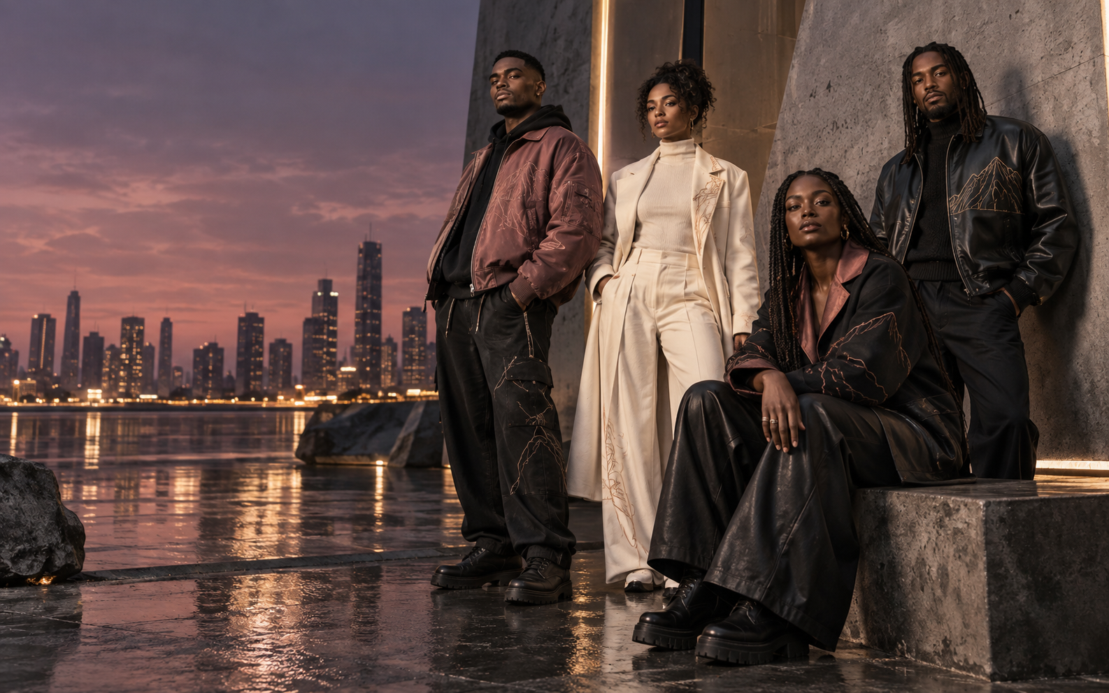 Models wearing elevated Open Heart Kollective streetwear in a cinematic city setting