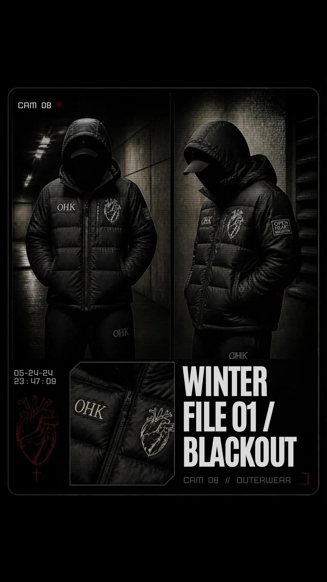 Blackout winter capsule concept with black quilted OHK outerwear and matching layers