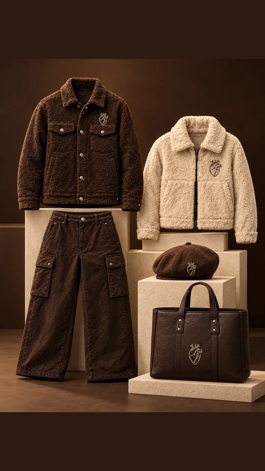 Cocoa Fall Core assortment with textured brown jacket, cream sherpa layer, cargo pants, cap, and tote