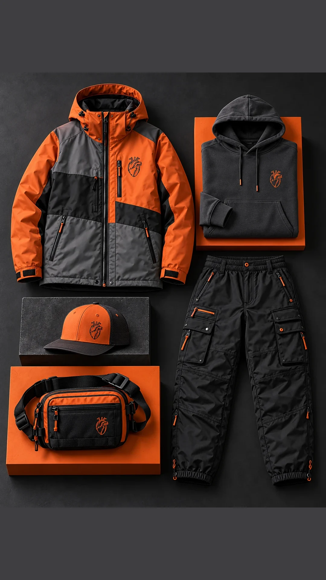 Ember Fall Core assortment with orange technical jacket, charcoal hoodie, utility pants, cap, and crossbody bag