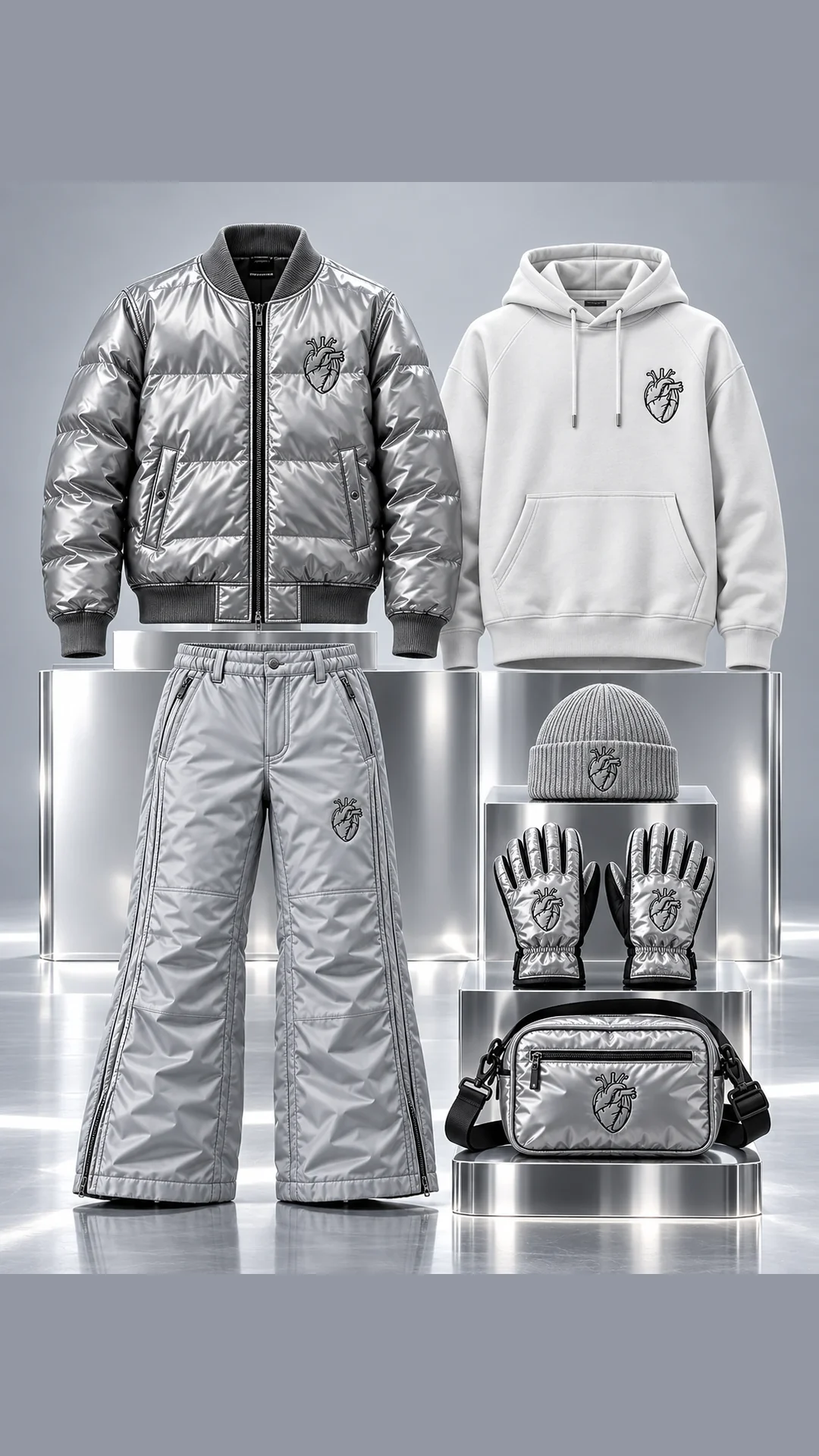 Silver Fall Core assortment with quilted jacket, white hoodie, track pants, beanie, gloves, and crossbody bag