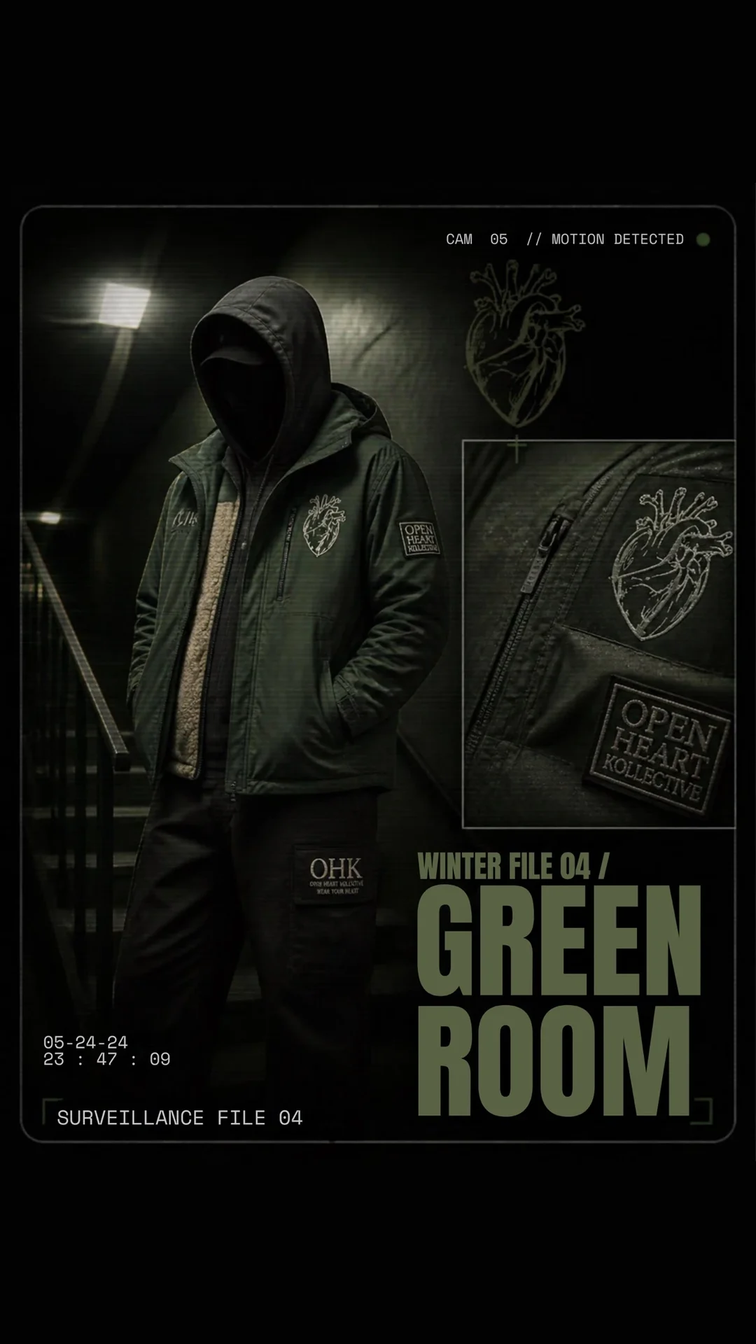 Green Room winter capsule concept with forest green OHK outerwear and heart embroidery