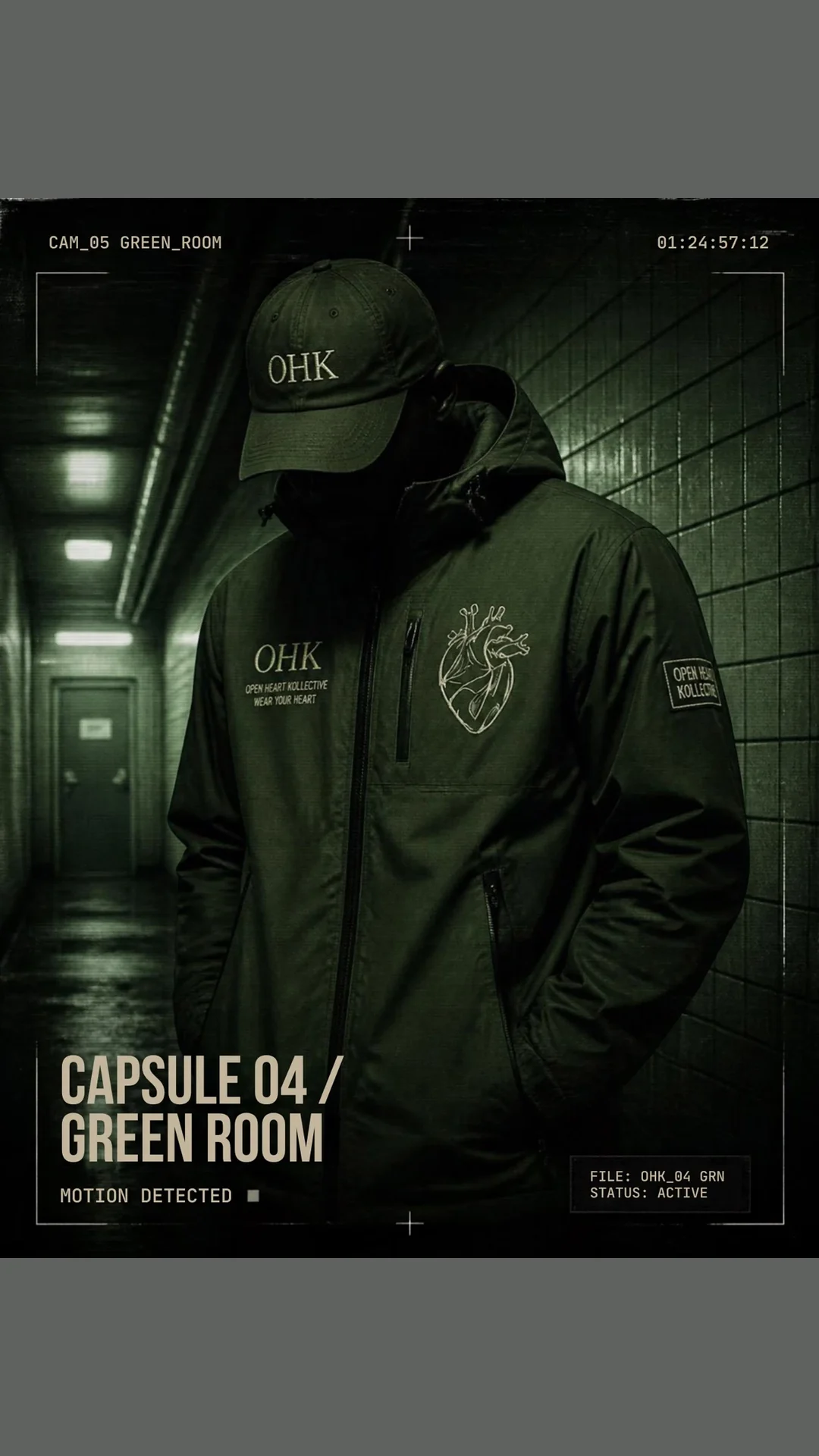 Green Room jacket concept with OHK chest embroidery and anatomical heart artwork
