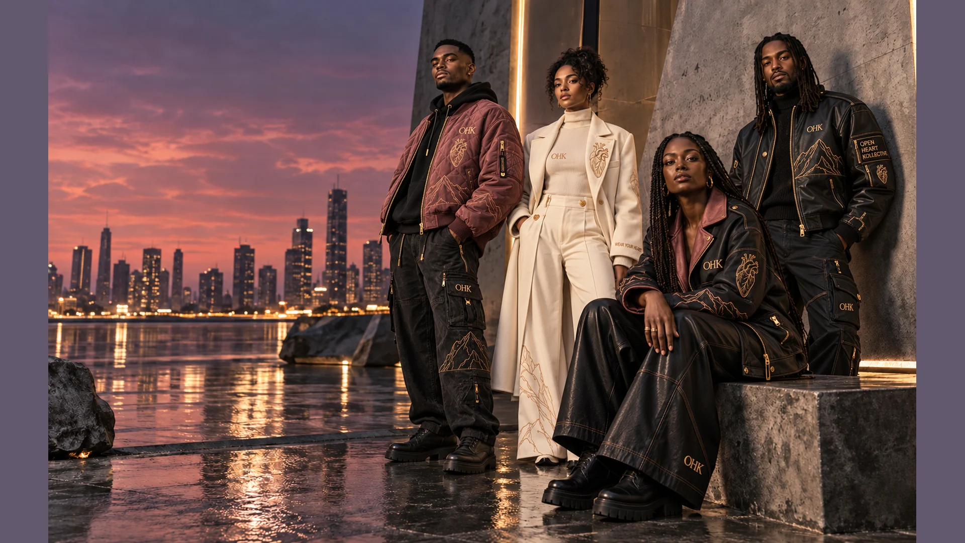 Four models wearing distinctive Open Heart Kollective outerwear with OHK, anatomical-heart, and mountain embroidery in a cinematic city setting