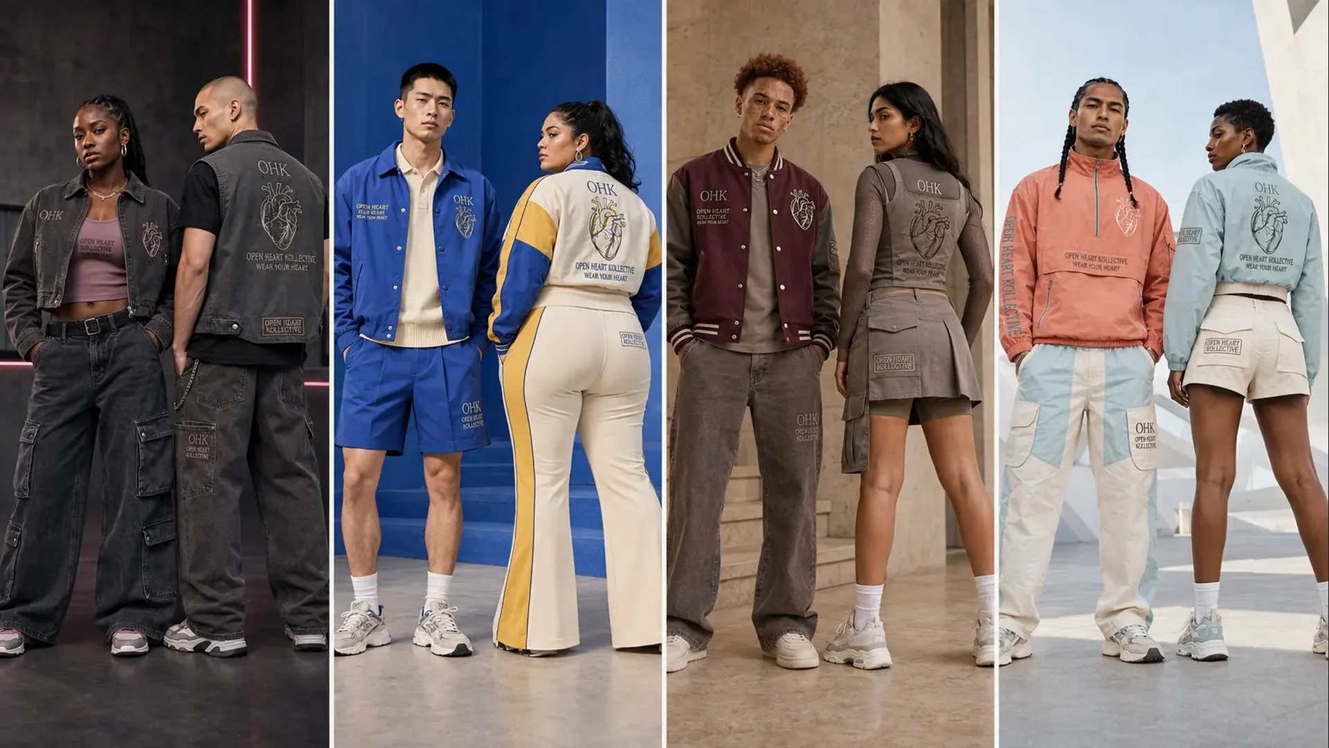 Four Open Heart Kollective capsule test looks shown on pairs of models