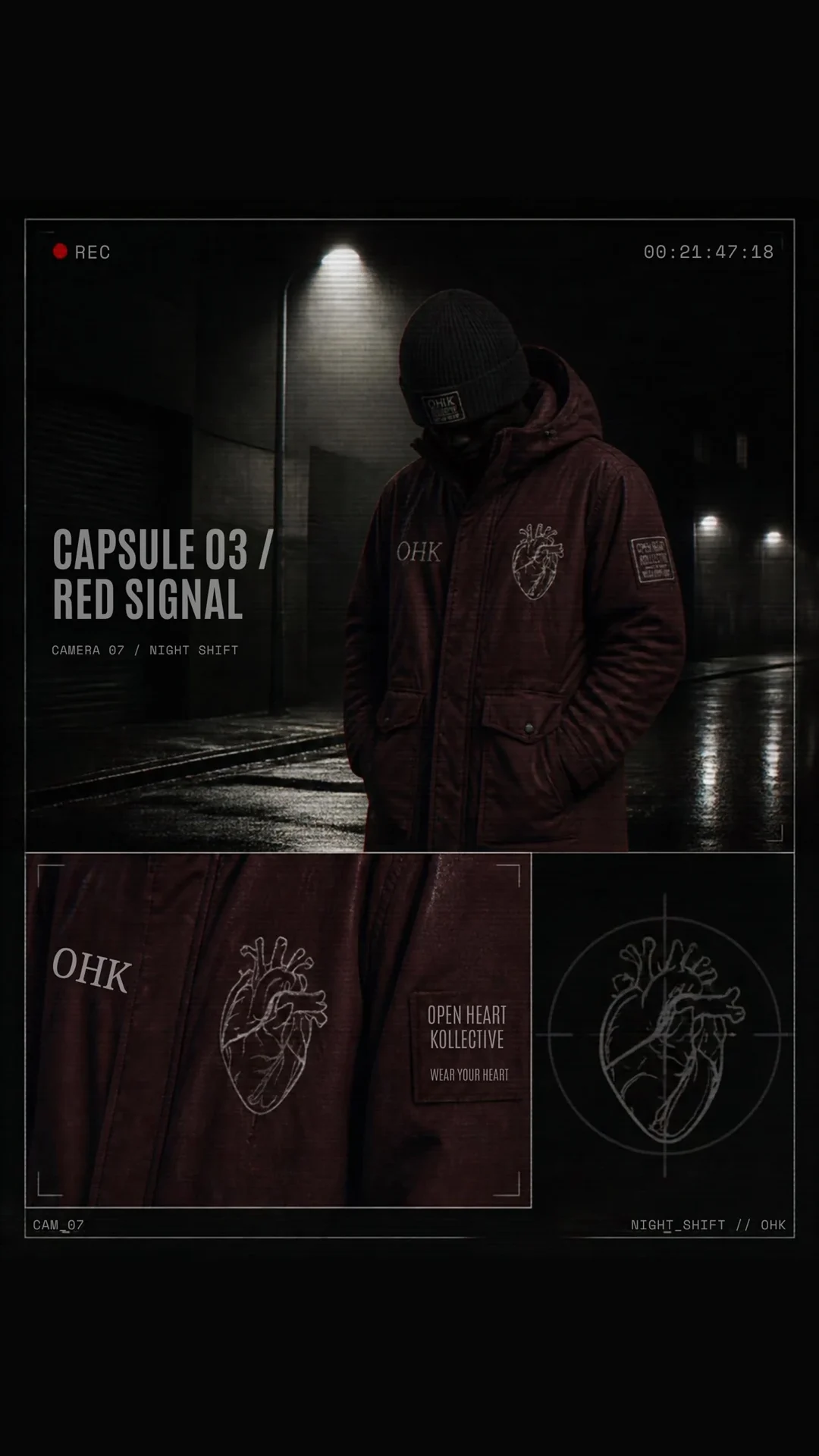 Red Signal winter capsule concept with burgundy OHK outerwear and embroidered details