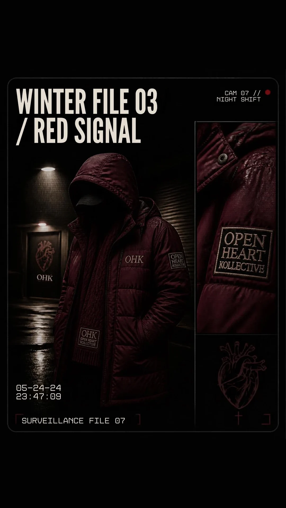 Red Signal jacket concept with a close view of the OHK sleeve patch and heart mark