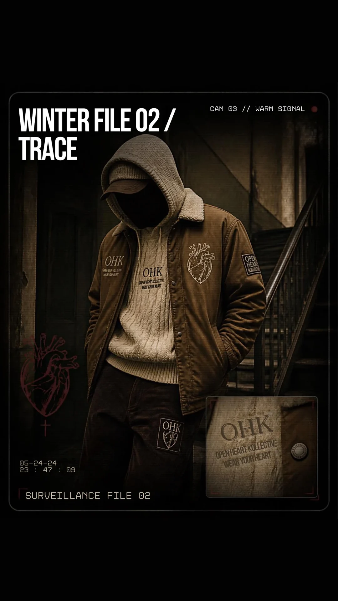 Trace winter capsule concept with a brown jacket, cream knit, and dark utility pants