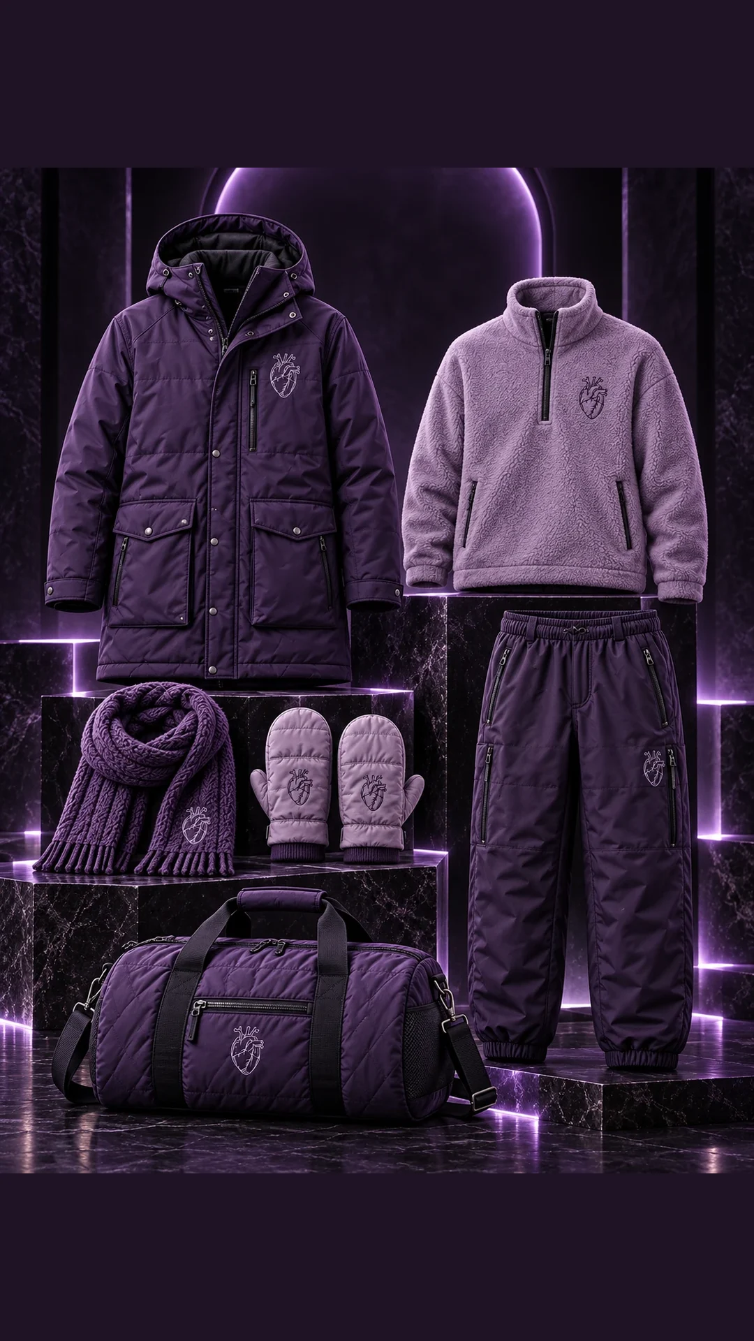 Violet Fall Core assortment with quilted jacket, lavender quarter zip, track pants, scarf, gloves, and duffel