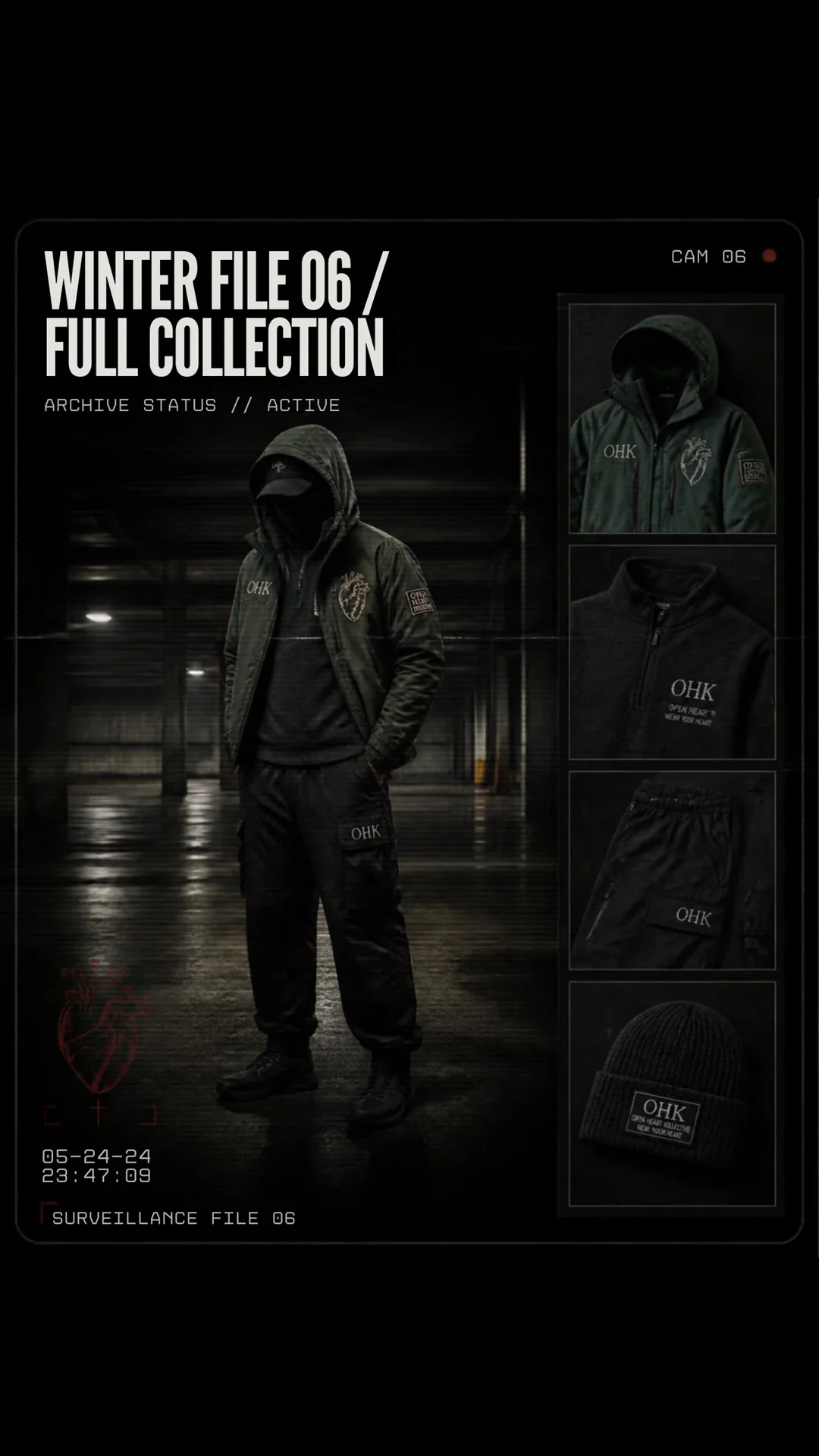 Winter collection concept board showing OHK outerwear, knitwear, pants, hats, and accessories